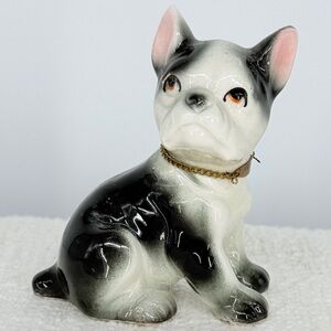 Boston Terrier Porcelain Figurine With Collar "Boston" Made in Japan‎ Vintage
